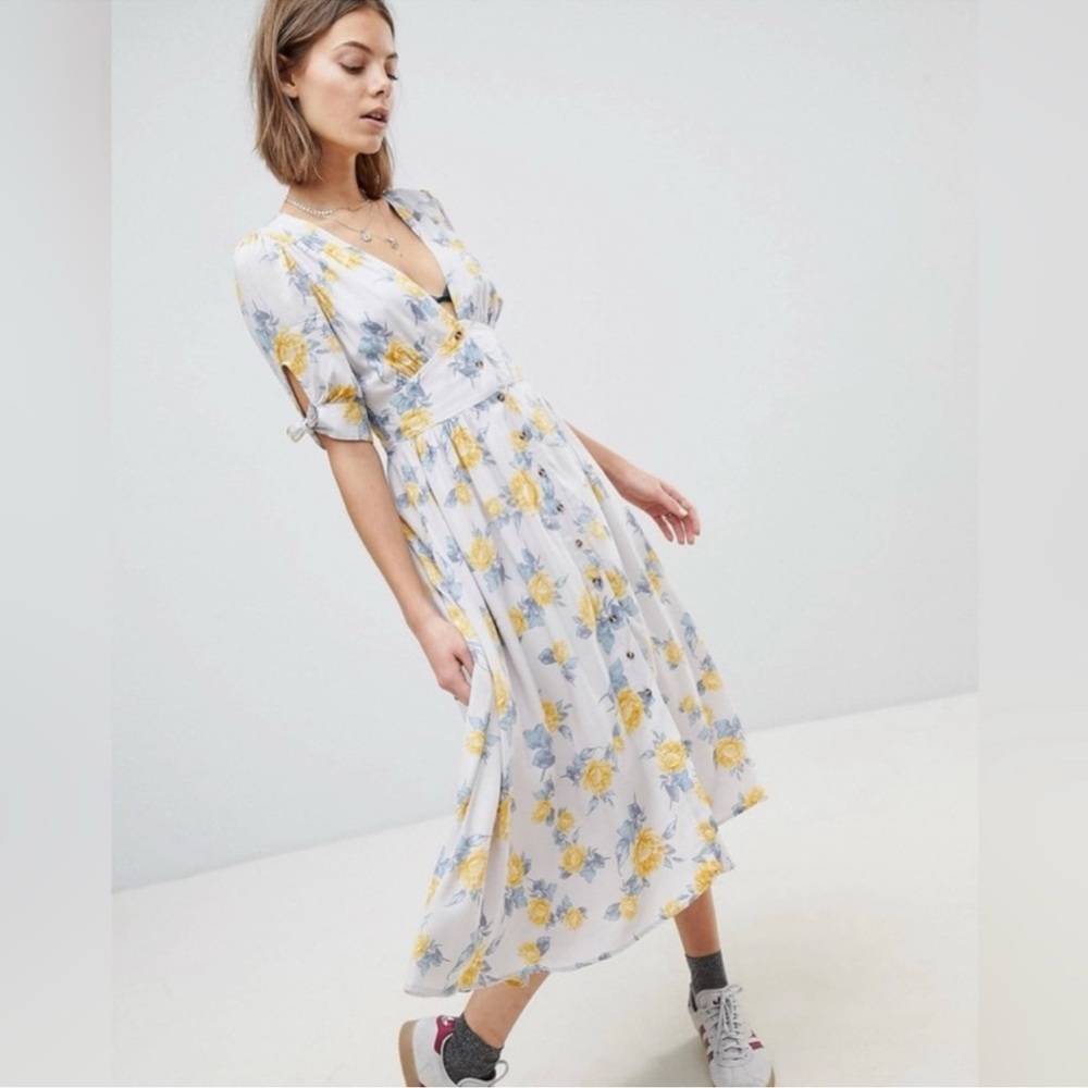 Free People—Love of My Life Dress, Floral Yellow Gray, Sleeves, Plunge, Midi—M
